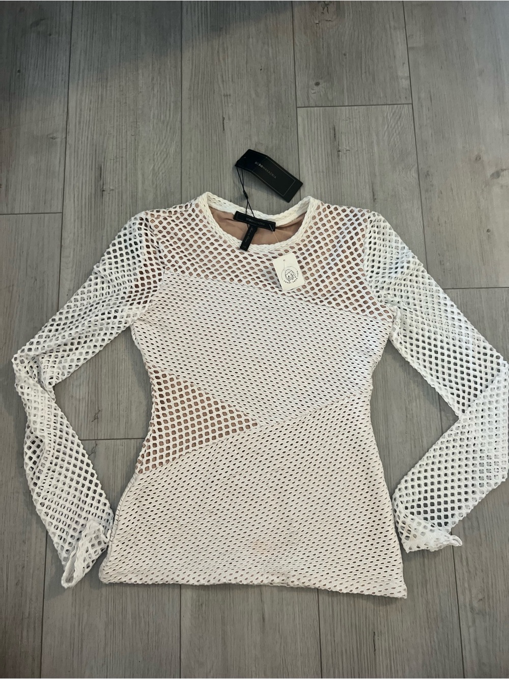BCBGMaxAzria White Mesh Long-Sleeve Tunic Top